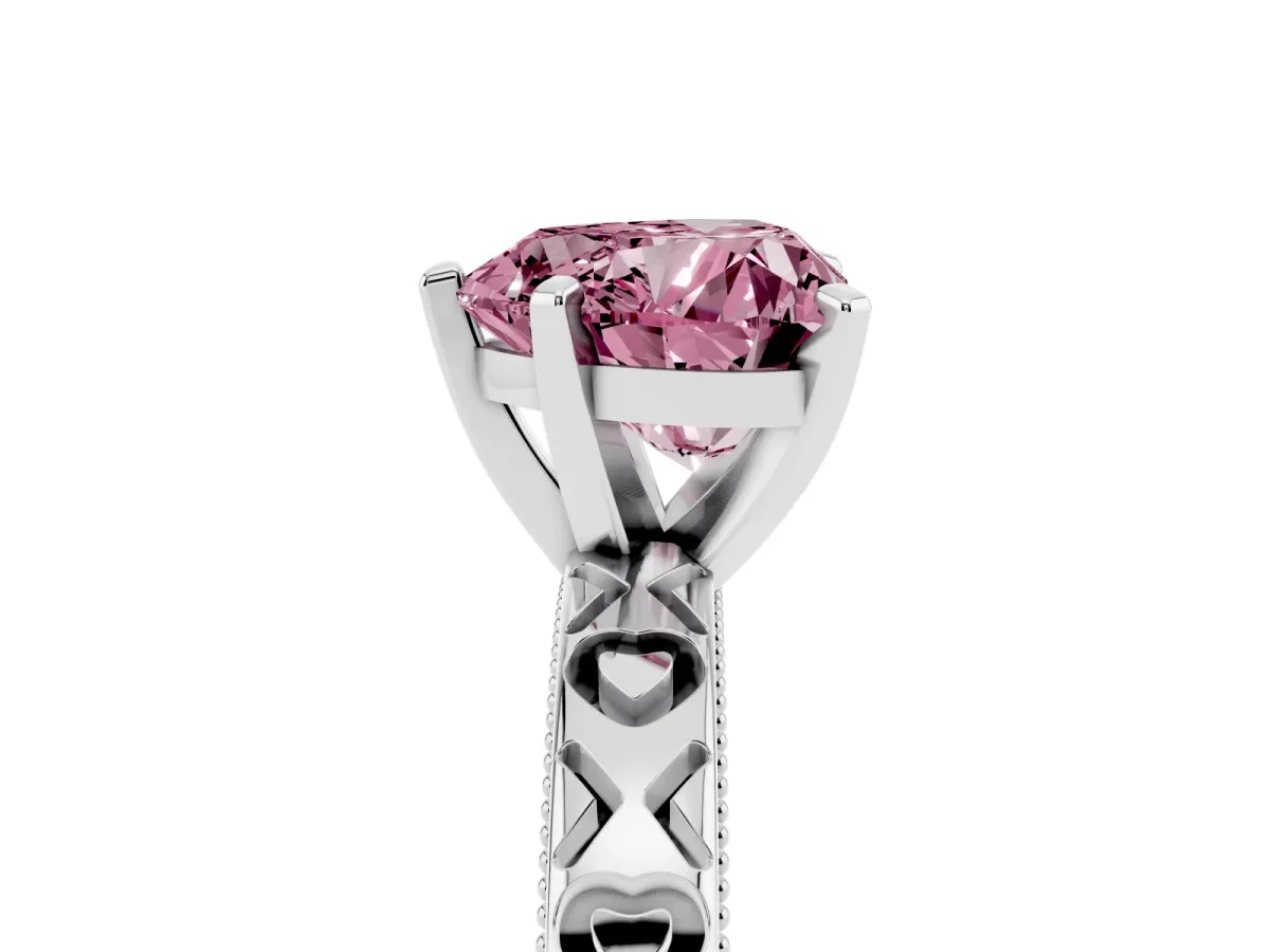 Fancy Pink Heart Cut Solitaire Diamond Engagement Ring with XO Engraved Band and Four-Prong Setting White gold