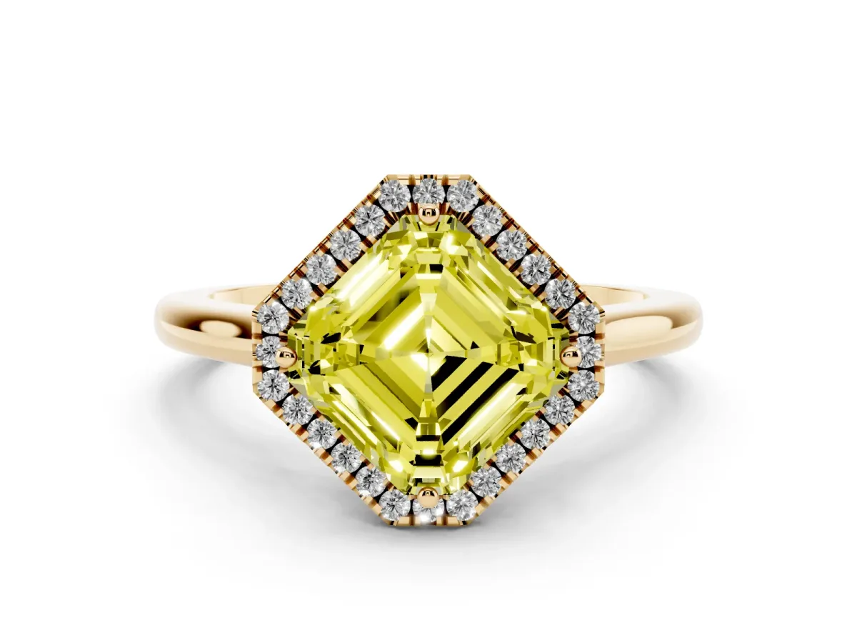 Fancy Yellow Asscher Cut Halo Round Diamond Solitaire Engagement Ring with Pave Band and Four-Prong Setting Yellow gold
