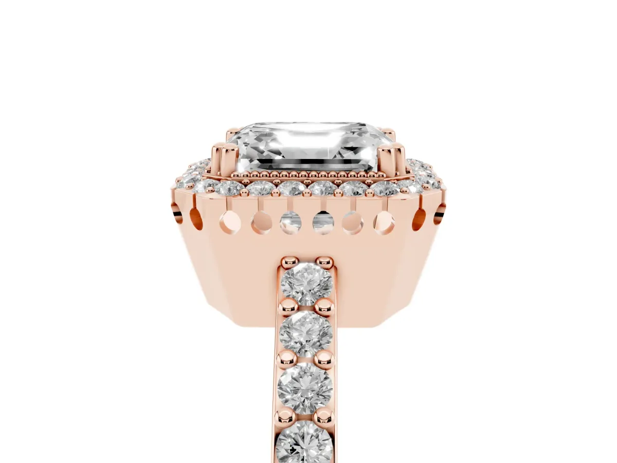 Asscher Cut Cut Diamond Halo Engagement Ring with Milgrain Detail and Pavé Band Rose gold