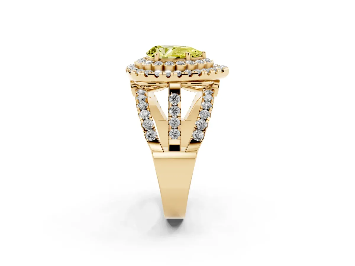 Fancy Yellow Pear Cut Diamond Double Halo Ring with Round Pavé Split Shank and Prong Setting Yellow gold