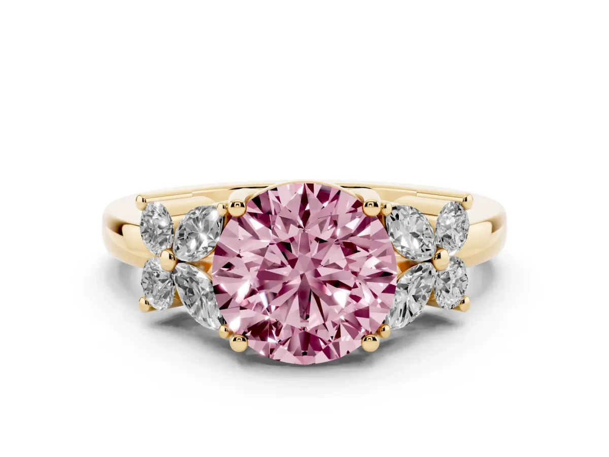 Fancy Pink Round Cut Diamond Floral Cluster Ring with Solitaire Band and Prong Setting Yellow gold