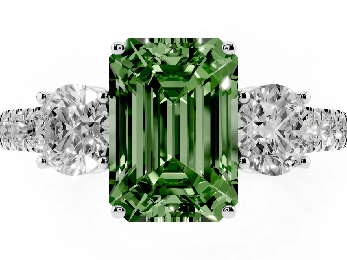 Fancy Green Emerald Cut Cut Diamond Three-Stone Ring with Round Side Stones and Pavé Band Silver