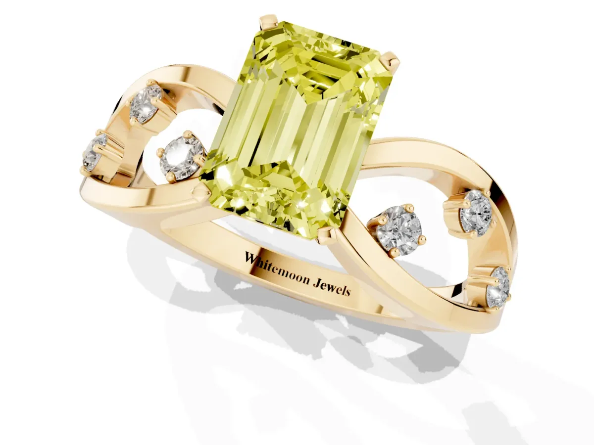 Fancy Yellow Emerald Cut Cut Solitaire Diamond with Side Stones on Criss-Cross Band and Four-Prong Setting Yellow gold