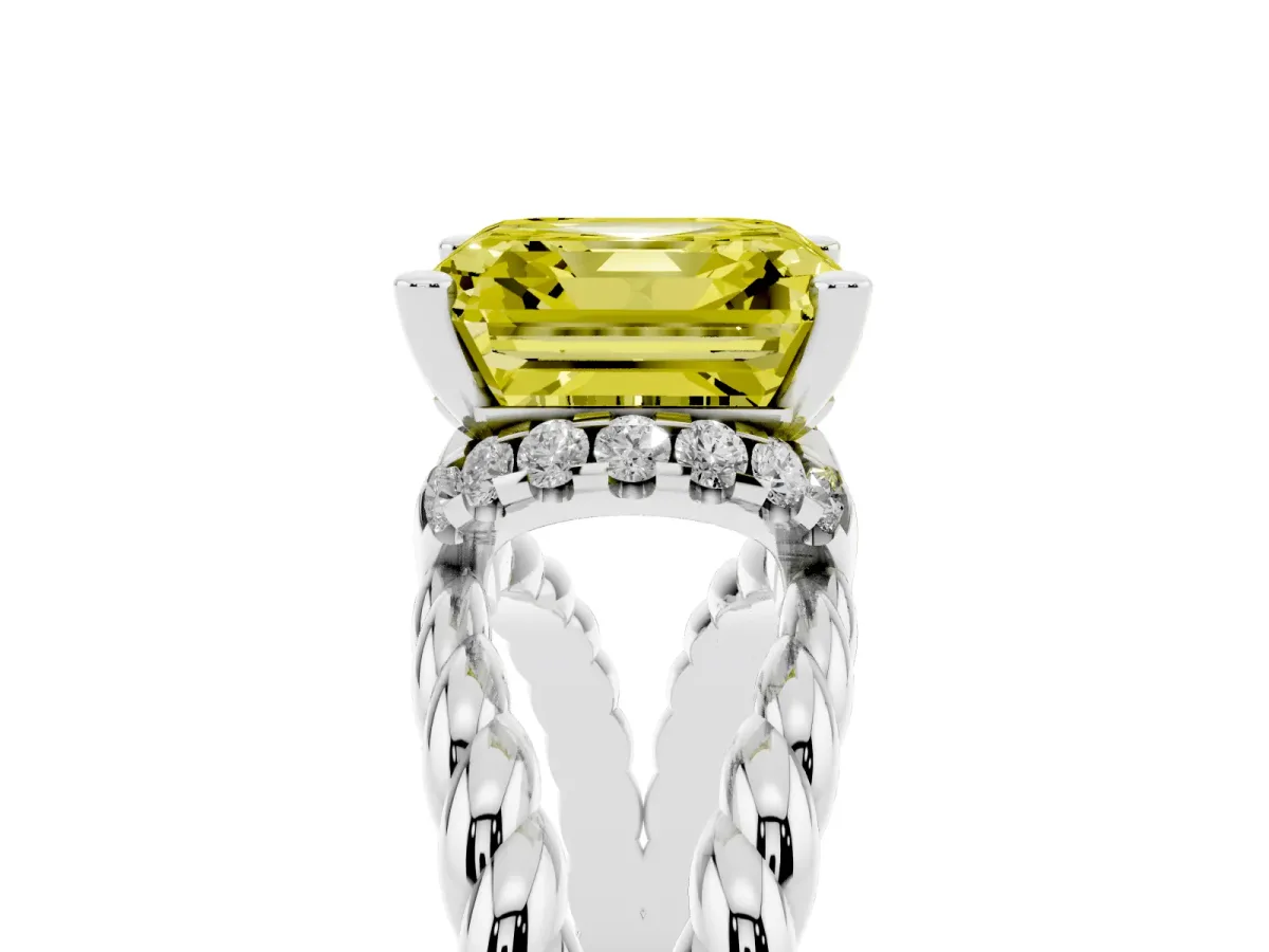 Fancy Yellow Asscher Cut Halo Twisted Band Four-Prong Ring Silver