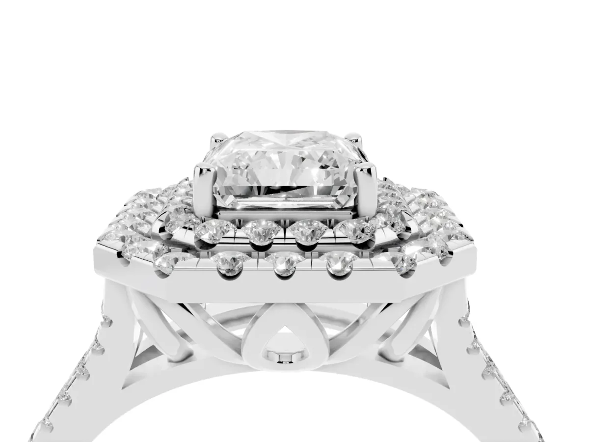 Double Halo Radiant Cut Diamond Pavé Split Shank Ring with Prong Setting Silver