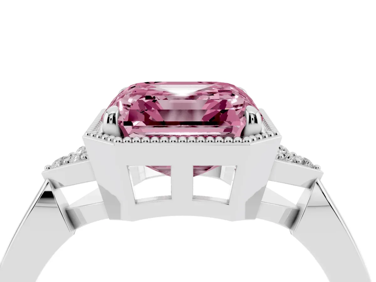 Fancy Pink Milgrain Asscher Cut Cut Diamond Ring with Tapered Pave Band and Four Prong Setting White gold