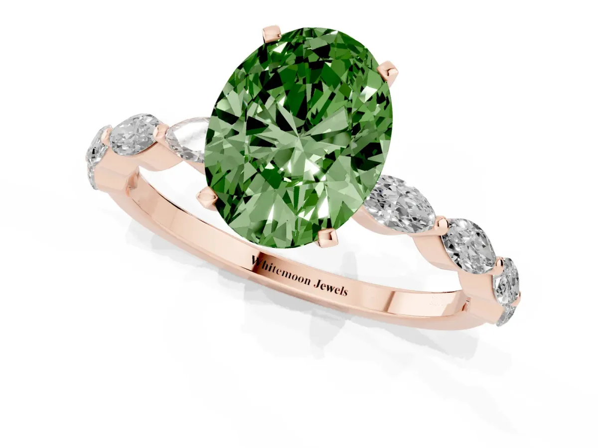 Fancy Green Oval Cut Diamond Ring with Marquise Side Stones and Prong Setting Rose gold