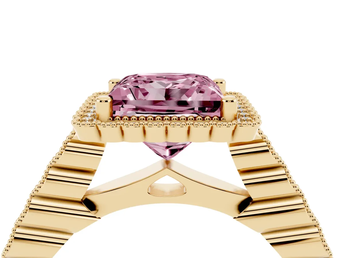 Fancy Pink Princess Cut Cut Halo Pavé Solitaire Ring with Milgrain Band Yellow gold
