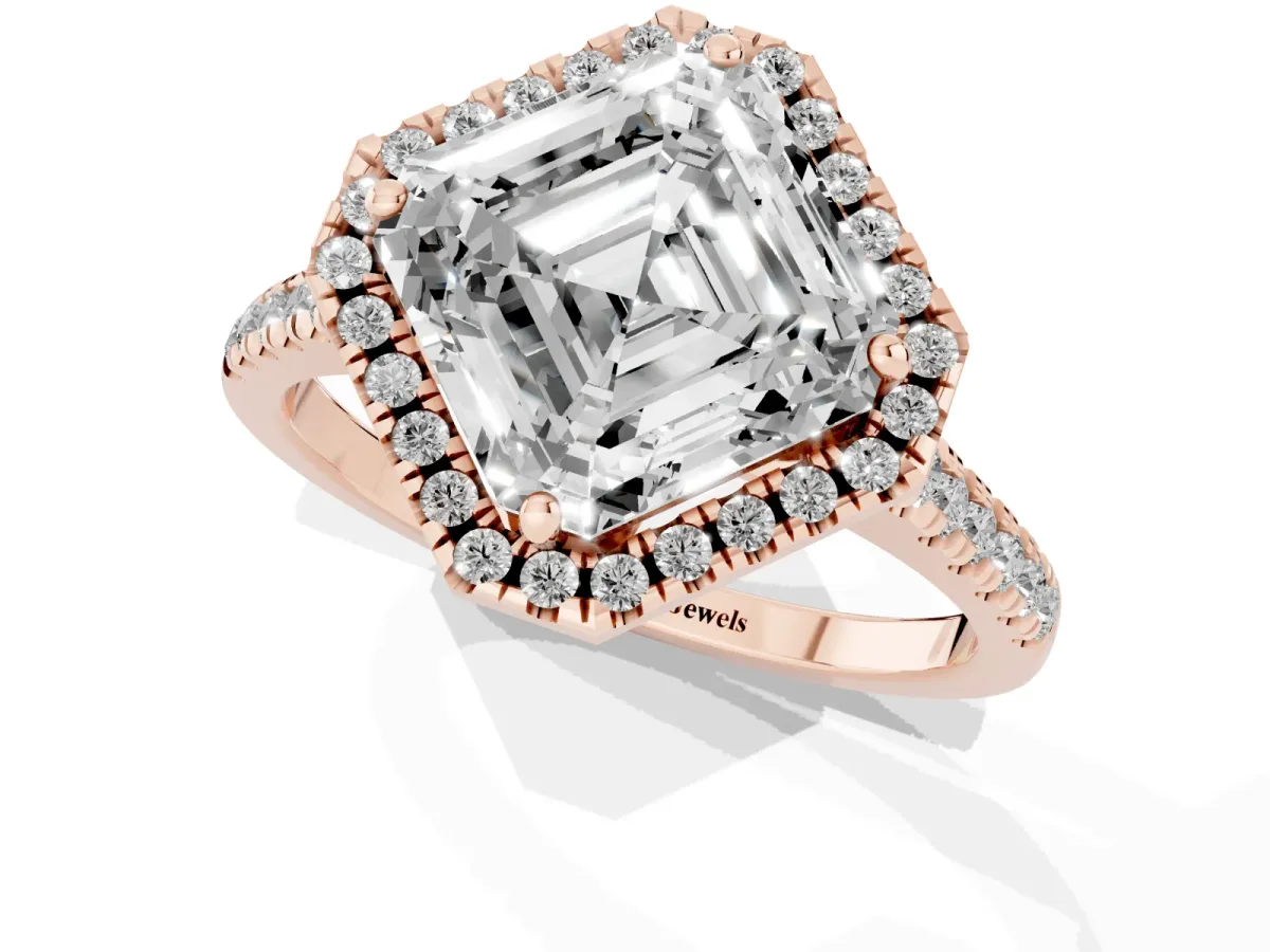 Asscher Cut Diamond Cushion Halo Ring with Pavé Band Rose gold