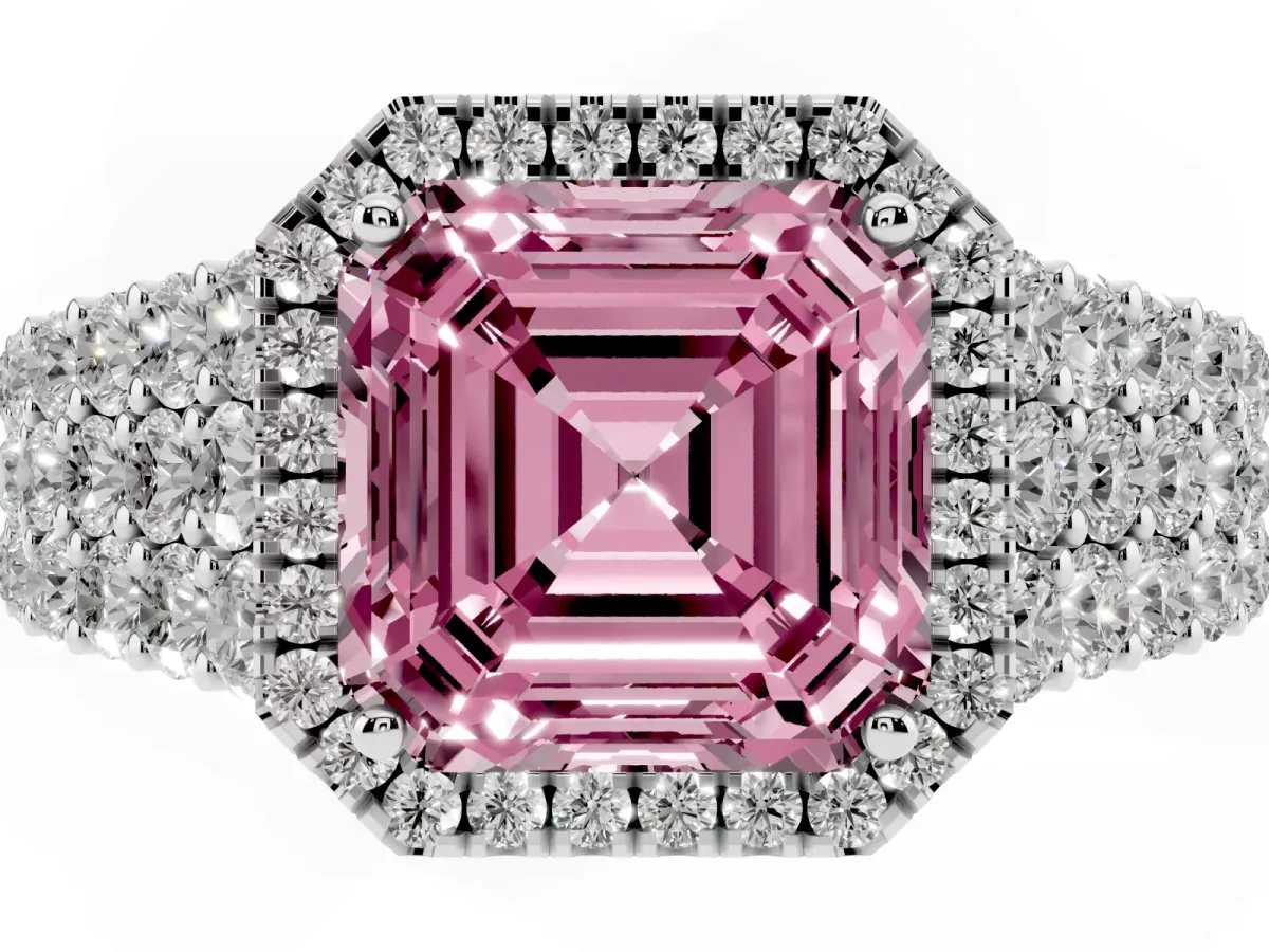 Fancy Pink Asscher Cut Diamond Halo Engagement Ring with Triple Row Round Pavé Band and Prong Setting Platinum
