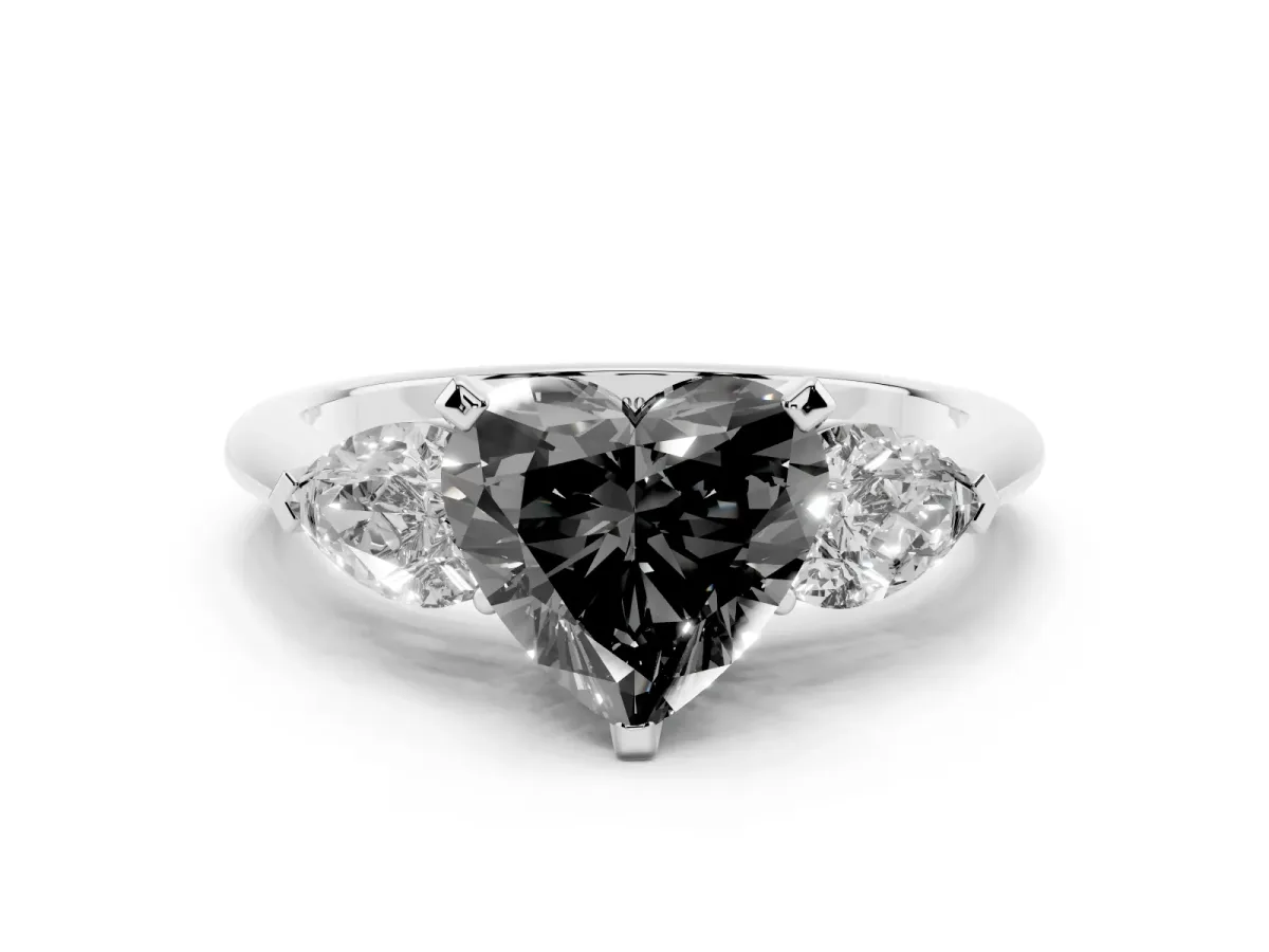 Fancy Black Three-Stone Heart Cut Diamond Ring with Pear Side Stones and Four-Prong Setting Silver