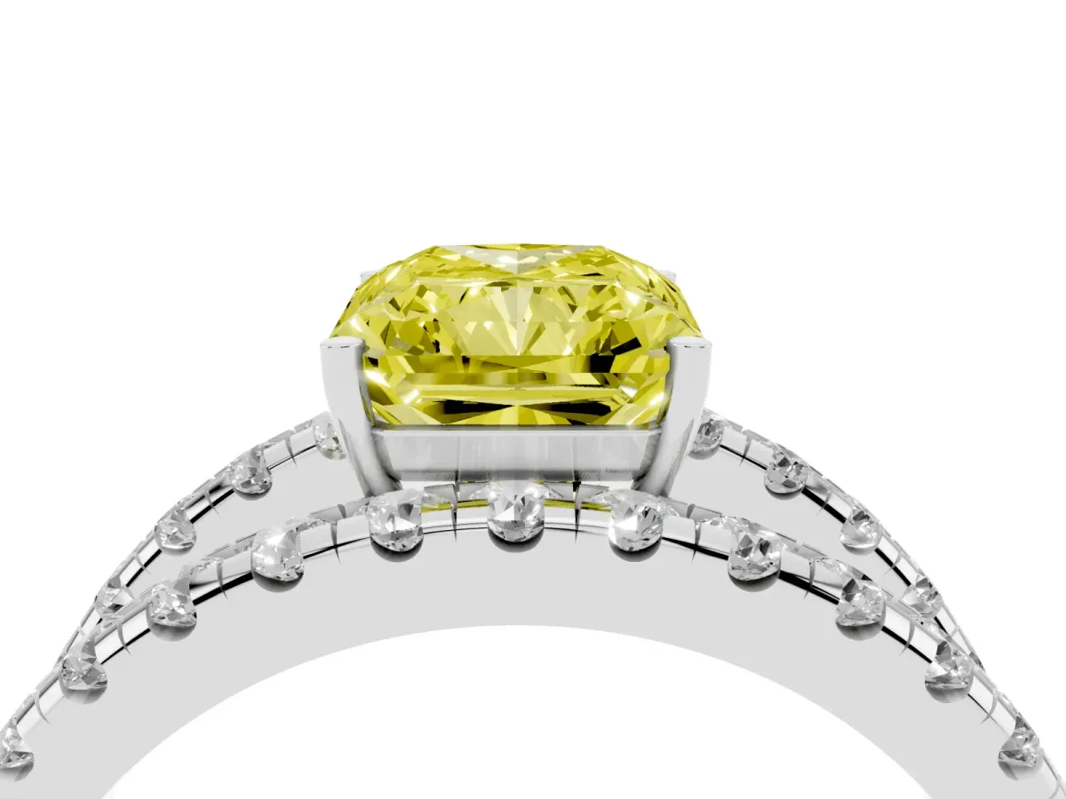 Fancy Yellow Radiant Cut Solitaire Split Shank Pave Diamond Ring Platinum