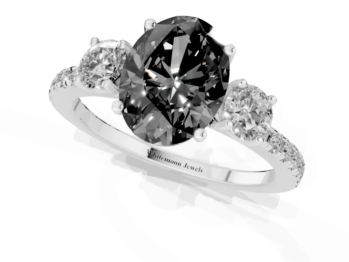 Fancy Black Three-Stone Oval Cut Cut Diamond Pavé Band with Prong Setting Silver