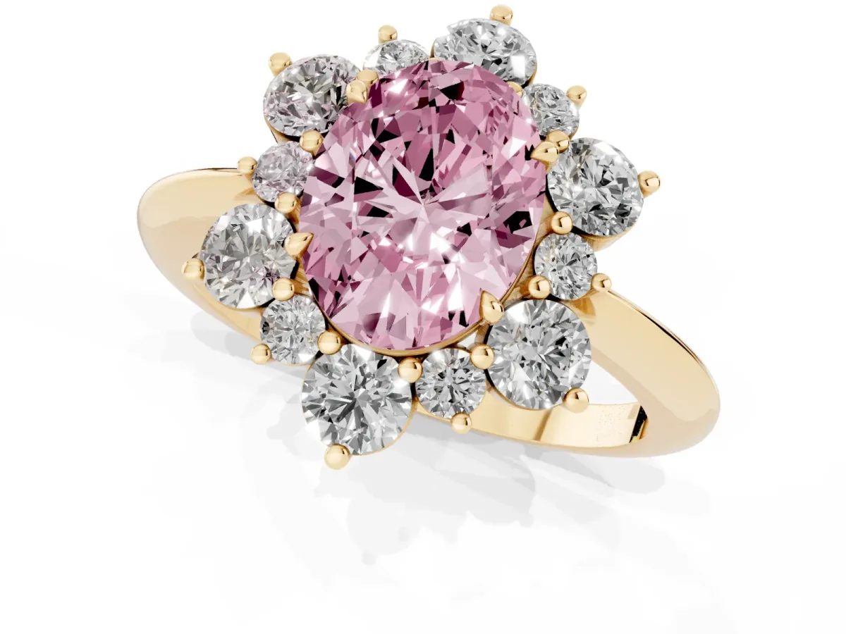 Fancy Pink Oval Cut Diamond Cluster Halo Ring with Solitaire Band and Four-Prong Setting Yellow gold