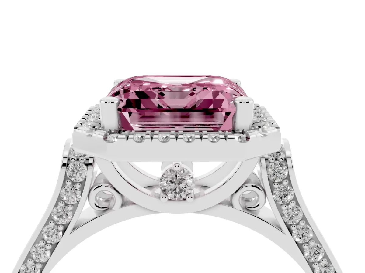 Fancy Pink Asscher Cut Halo Pave Split Shank Prong Setting Ring Silver