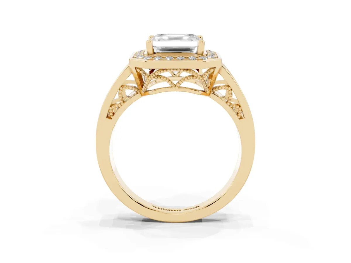 Asscher Cut Diamond Halo Ring with Split Shank and Bezel Accents and Prong Setting Yellow gold