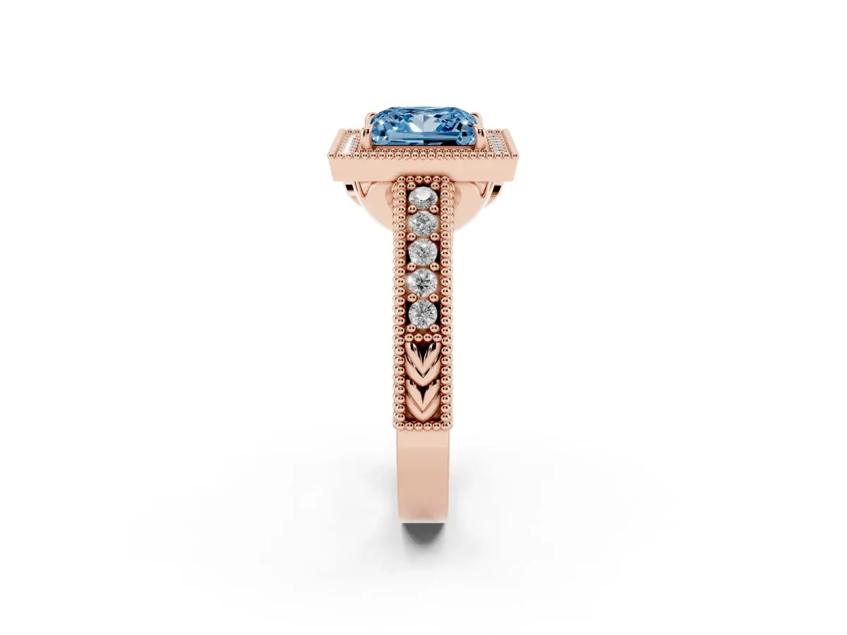 Fancy Blue Princess Cut Cut Halo Diamond Ring with Pavé Band and Four-Prong Setting Rose gold