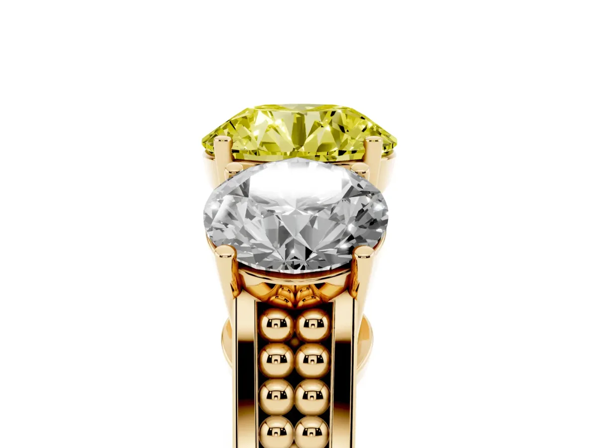 Fancy Yellow Round Cut Diamond Three-Stone Ring with Prong Setting and Textured Band Yellow gold