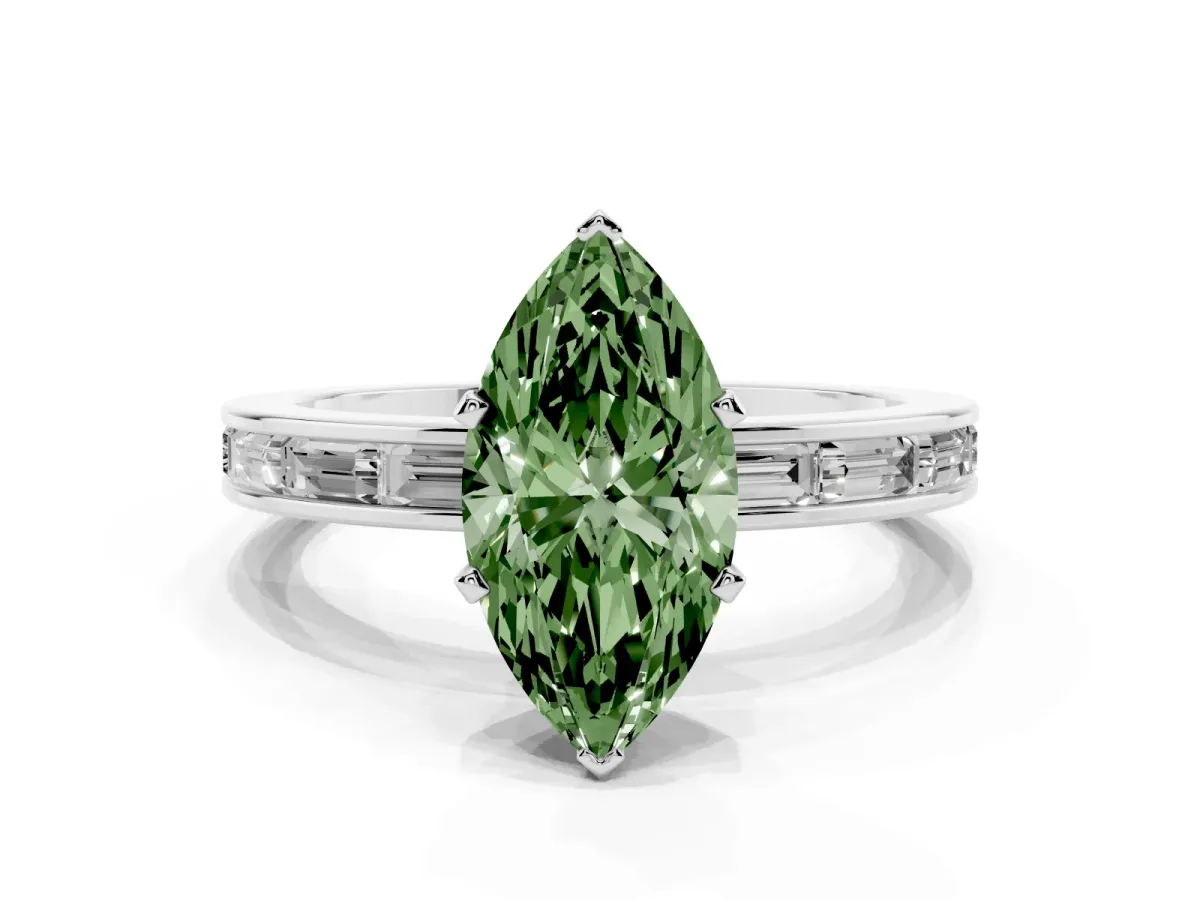 Fancy Green Marquise Cut Solitaire Diamond Ring with Channel-Set Baguette Band and Four-Prong Setting White gold