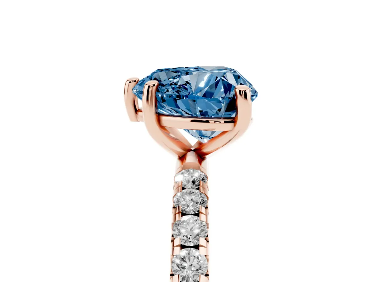 Fancy Blue Heart Cut Cut Diamond Solitaire Ring with Micro Pave Band and Four Prong Setting Rose gold