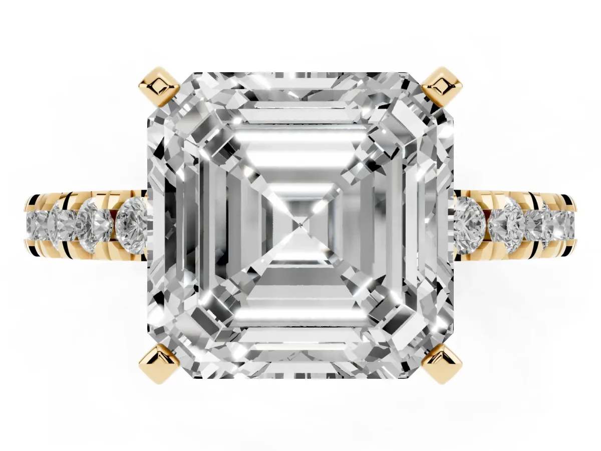 Asscher Cut Diamond Pavé Band Solitaire with Four-Prong Setting Yellow gold