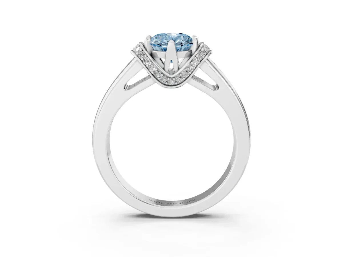 Fancy Blue Oval Cut Solitaire Diamond Ring with Pave Band and Six-Prong Setting Silver