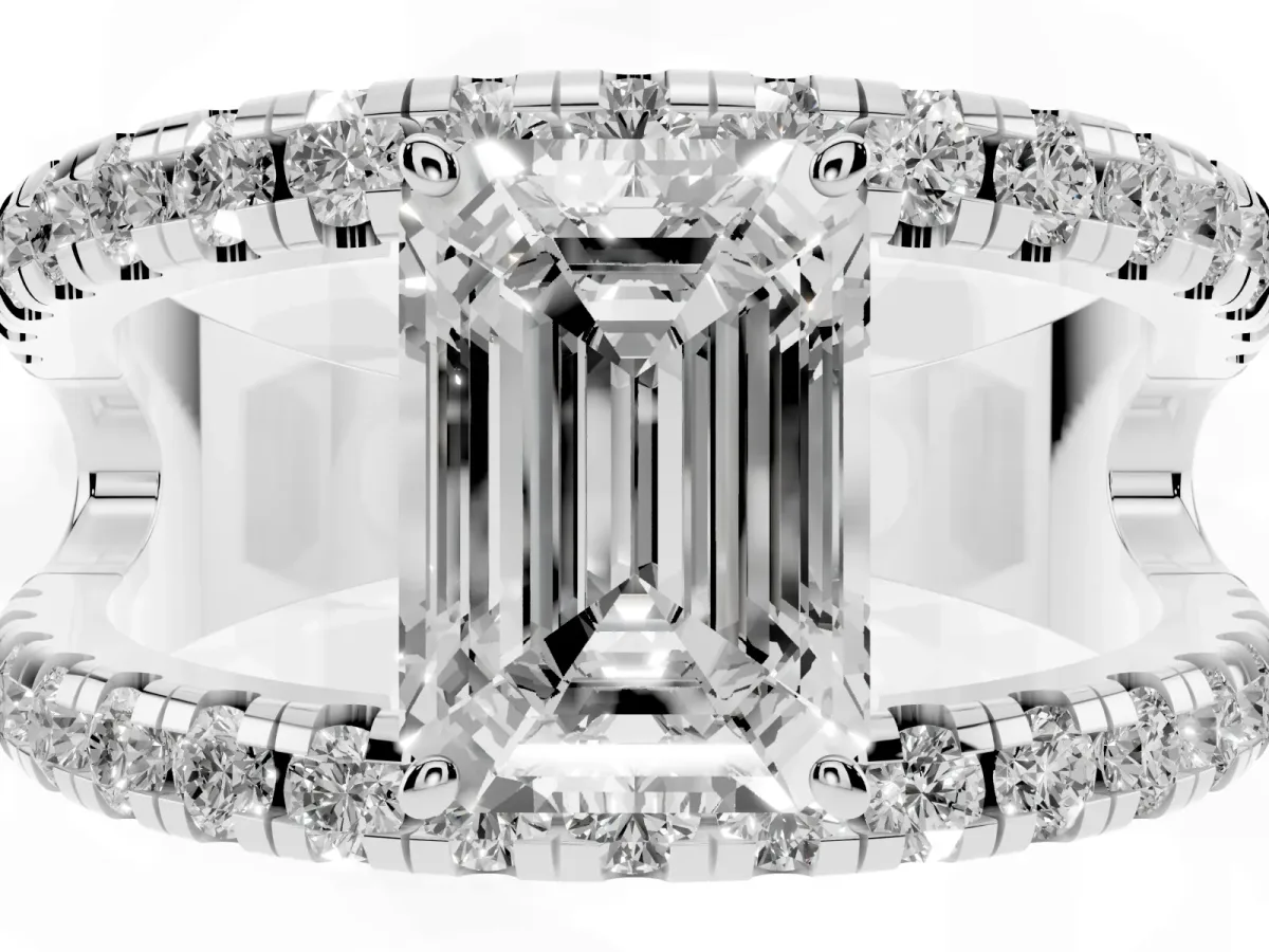 Emerald Cut Solitaire Split Shank Pave Diamond Ring Silver