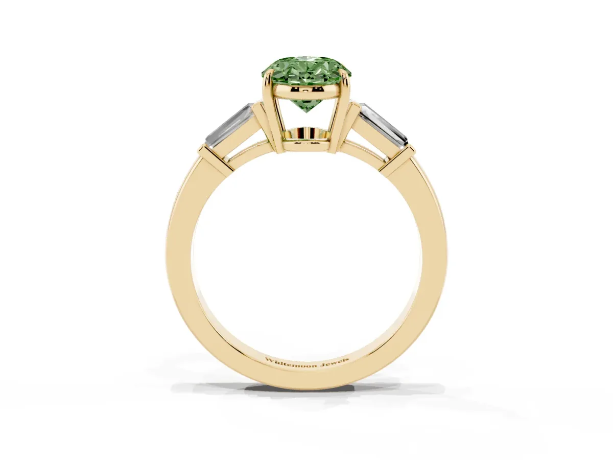Fancy Green Oval Cut Diamond Three-Stone Ring with Tapered Baguette Side Stones and Prong Setting Yellow gold