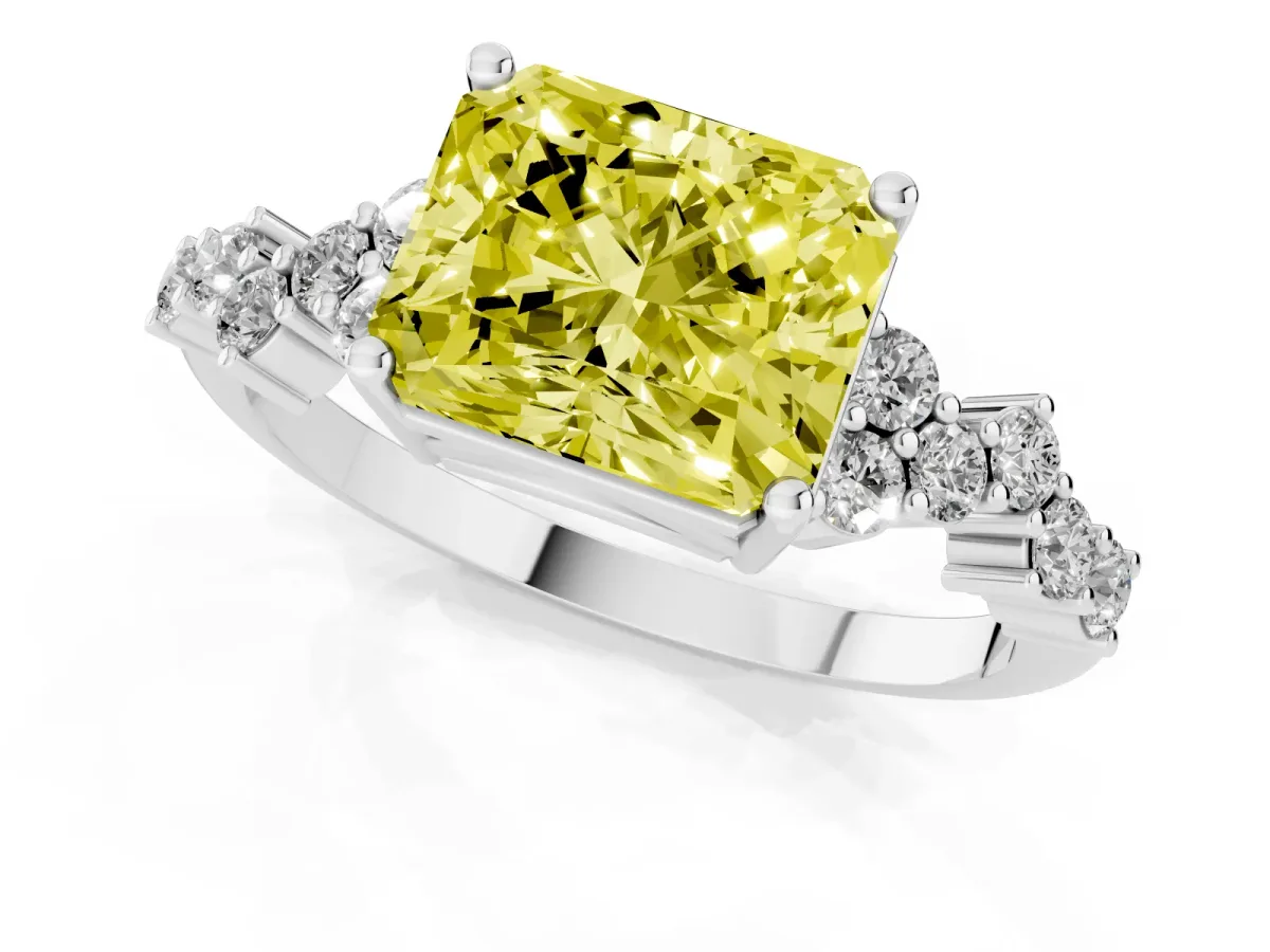 Fancy Yellow Radiant Cut Diamond Scattered Round Accent Ring with Prong Setting Silver
