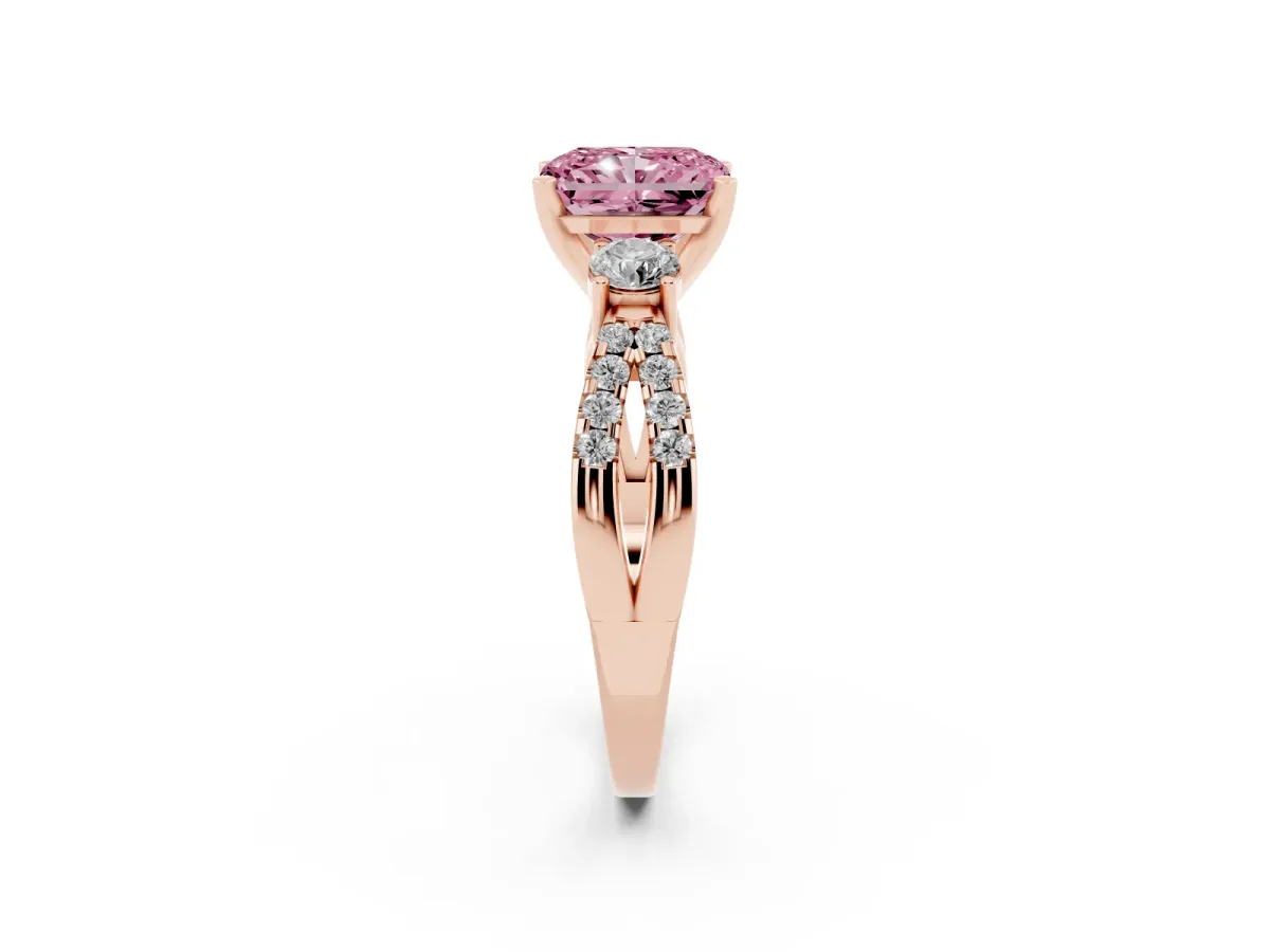 Fancy Pink Radiant Cut Diamond Three-Stone Ring with Pavé Split Shank and Four-Prong Setting Rose gold