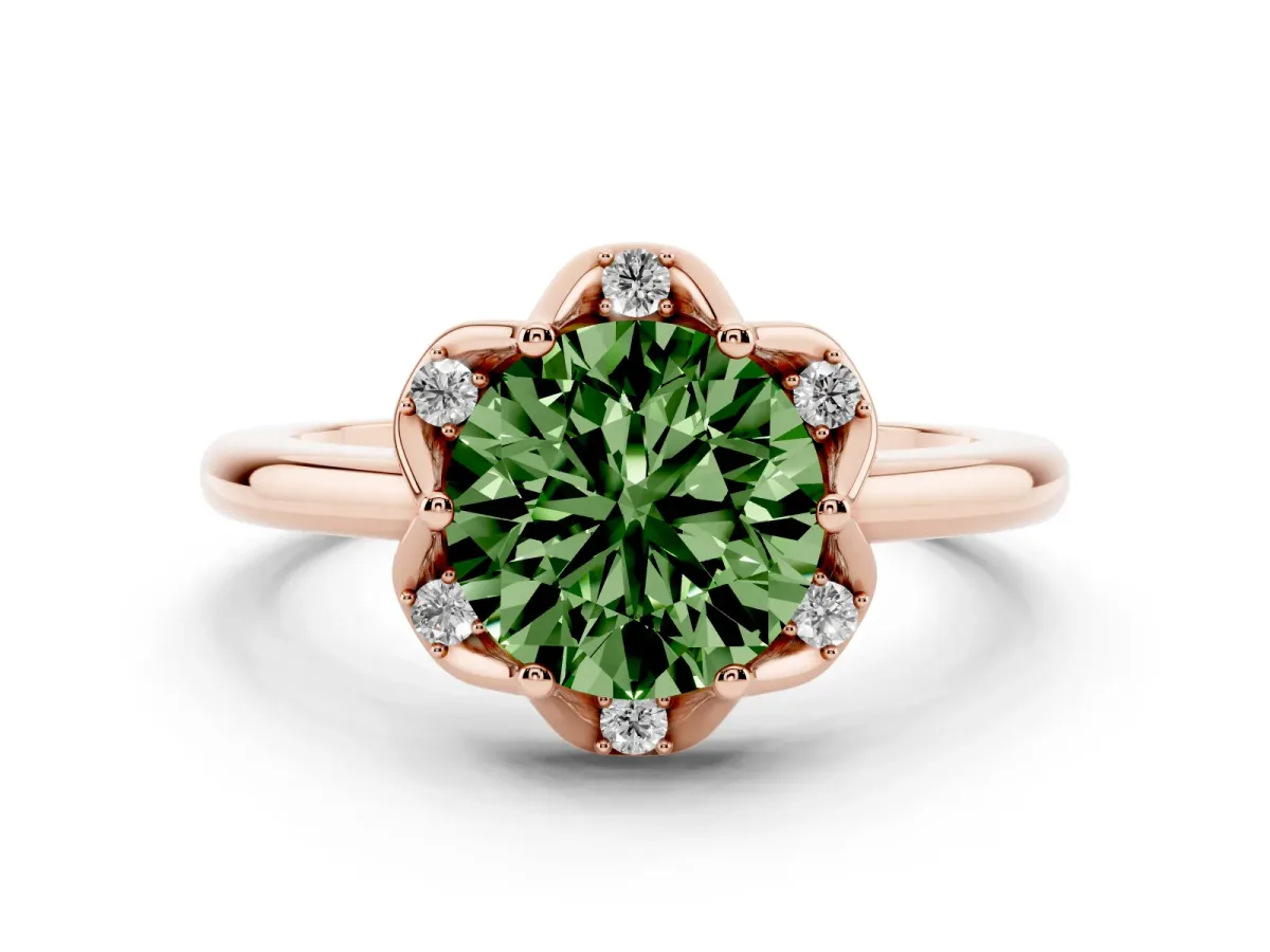 Fancy Green Round Cut Halo Diamond Ring with Round Cluster Setting, Solitaire Band, and Four-Prong Setting Rose gold