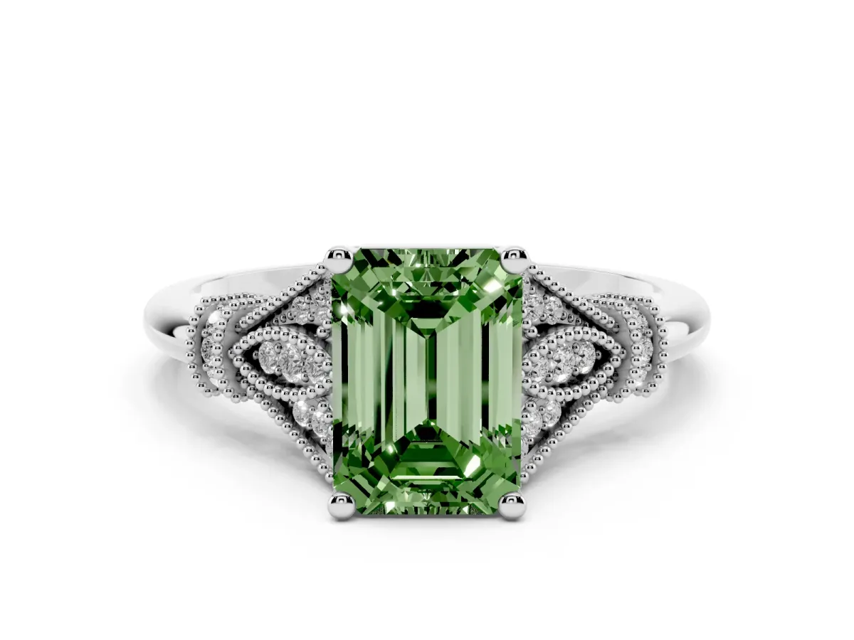 Fancy Green Emerald Cut Diamond Solitaire Ring with Floral Filigree and Pave Accents Silver