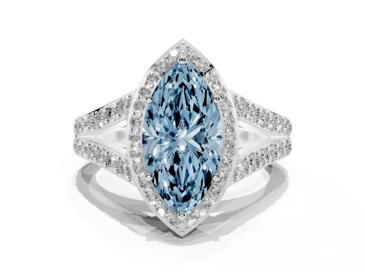 Fancy Blue Marquise Cut Diamond Split Shank Halo Ring with Four-Prong Setting Silver