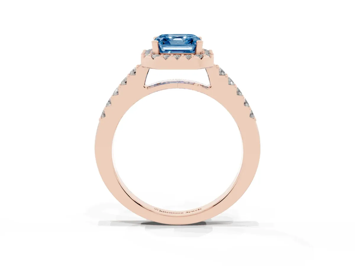 Fancy Blue Asscher Cut Halo Diamond Pavé Solitaire Ring Rose gold