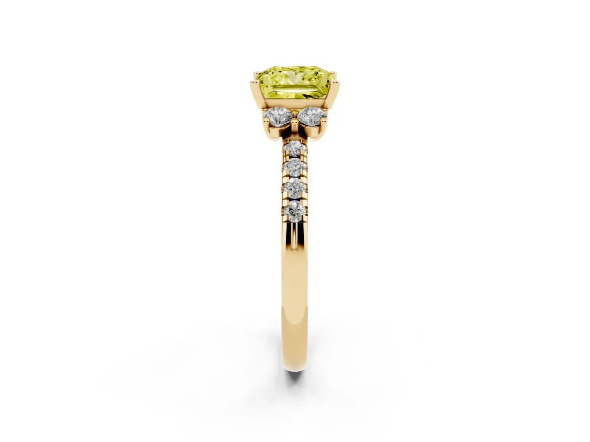 Fancy Yellow Princess Cut Diamond Three-Stone Pave Band with Four-Prong Setting Yellow gold