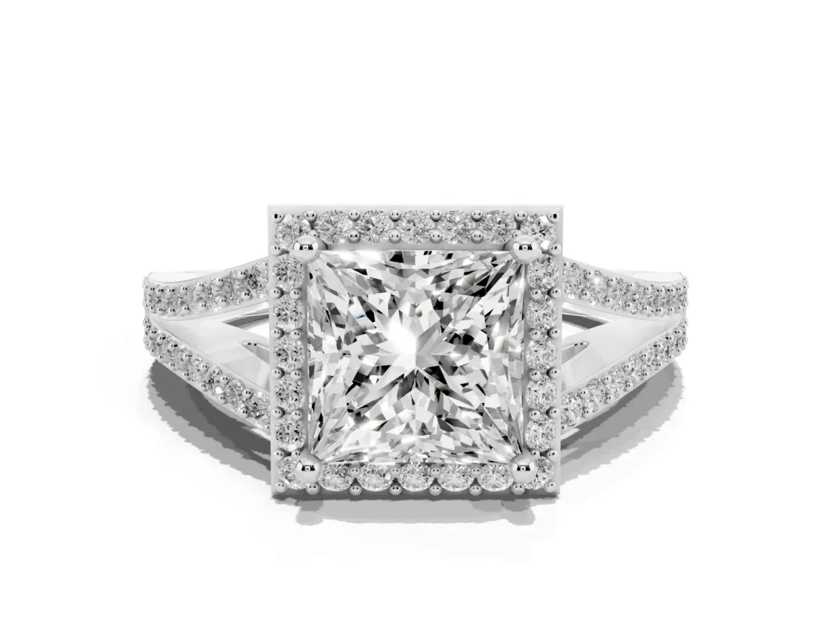 Princess Cut Halo Split Shank Pave Diamond Ring with Four-Prong Setting Platinum