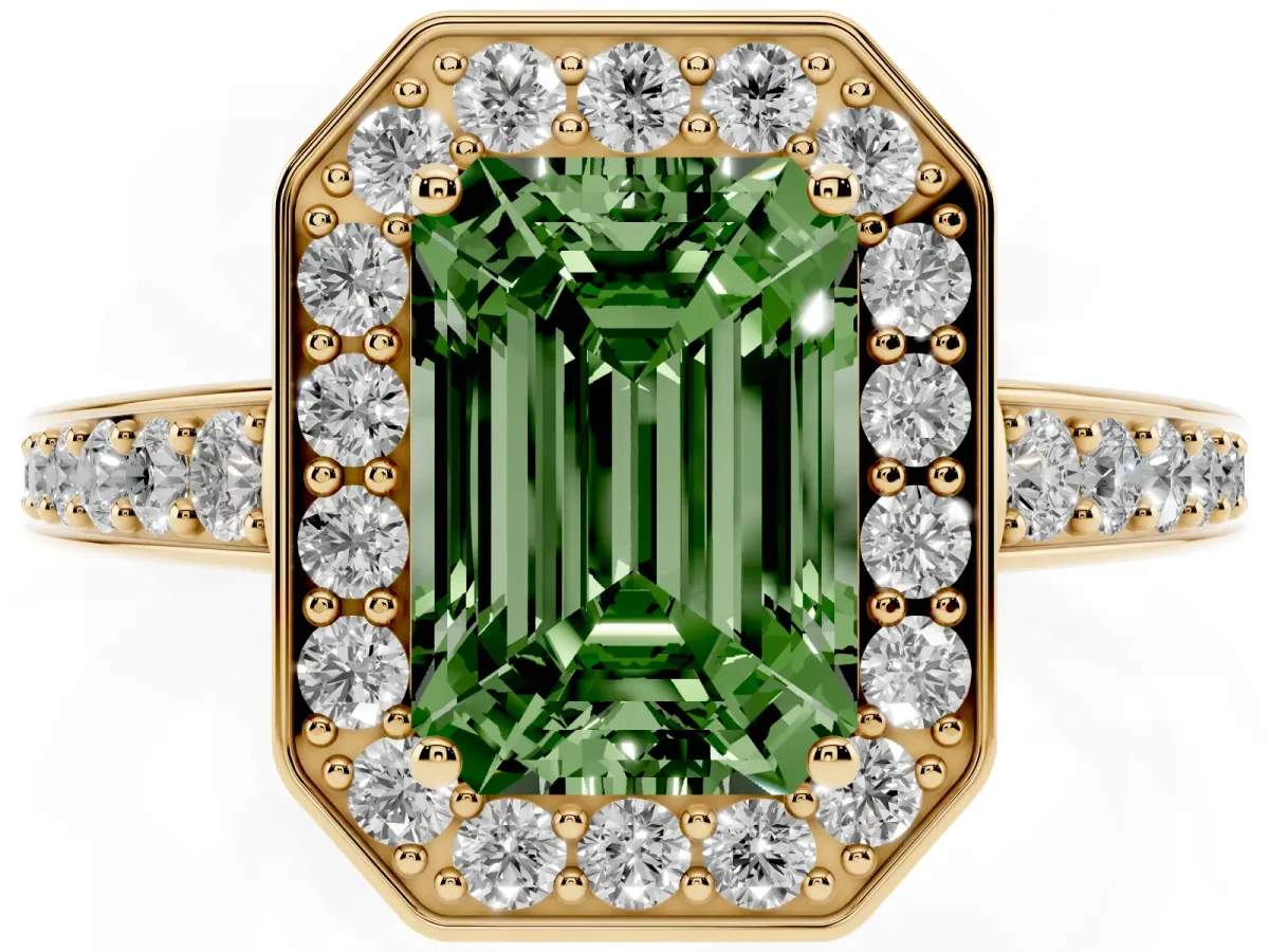 Fancy Green Emerald Cut Halo Pavé Diamond Engagement Ring with Bezel Setting Yellow gold