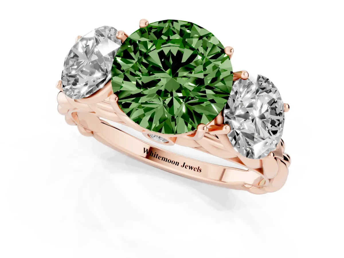 Fancy Green Three-Stone Round Cut Diamond Braided Band Ring with Four-Prong Setting Rose gold