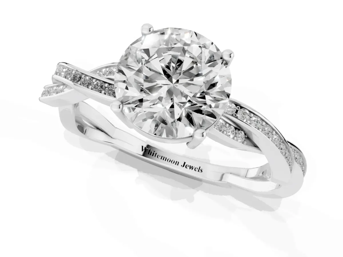 Round Cut Solitaire Twisted Pave Diamond Ring with Four-Prong Setting Platinum