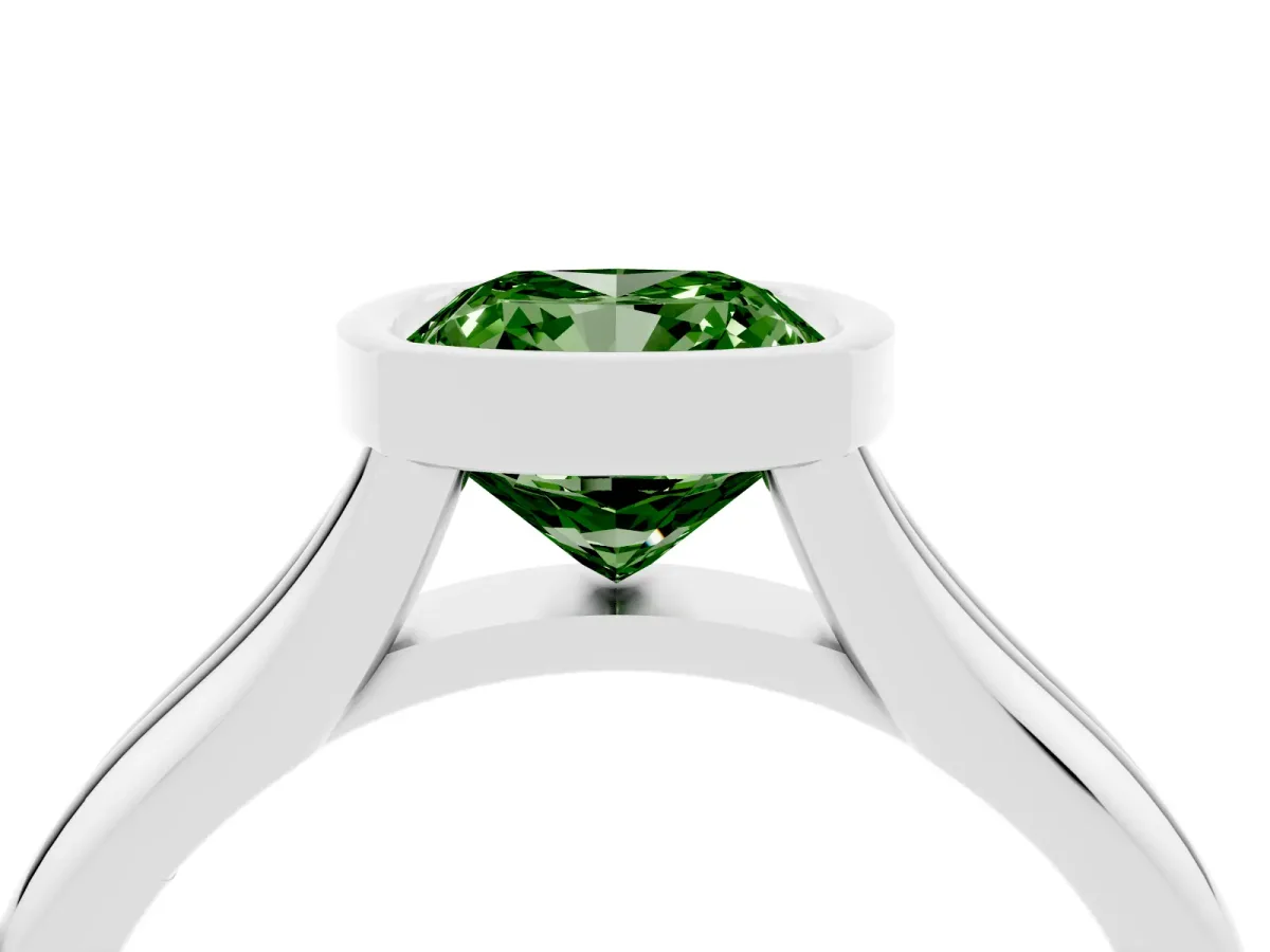 Fancy Green Bezel Set Cushion Cut Solitaire Diamond Ring with Smooth Band Platinum