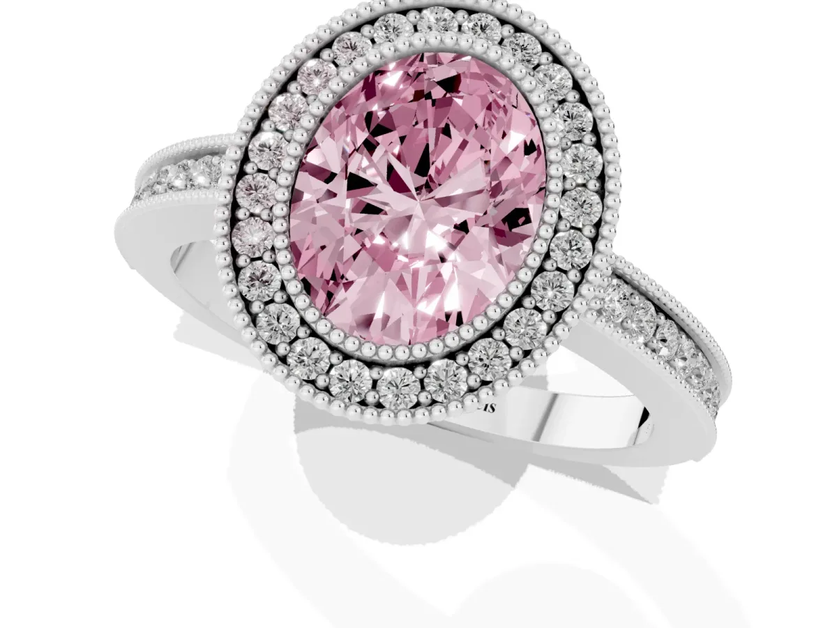 Fancy Pink Oval Cut Cut Halo Diamond Ring with Pavé Band and Milgrain Prong Setting Platinum