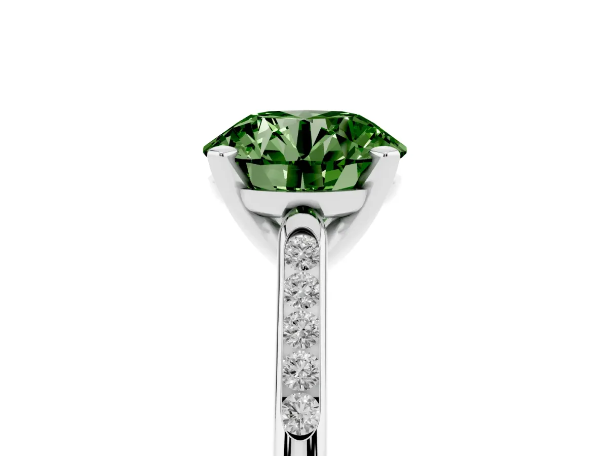 Fancy Green Round Cut Diamond Solitaire Ring with Channel Set Round Band and Prong Setting Silver