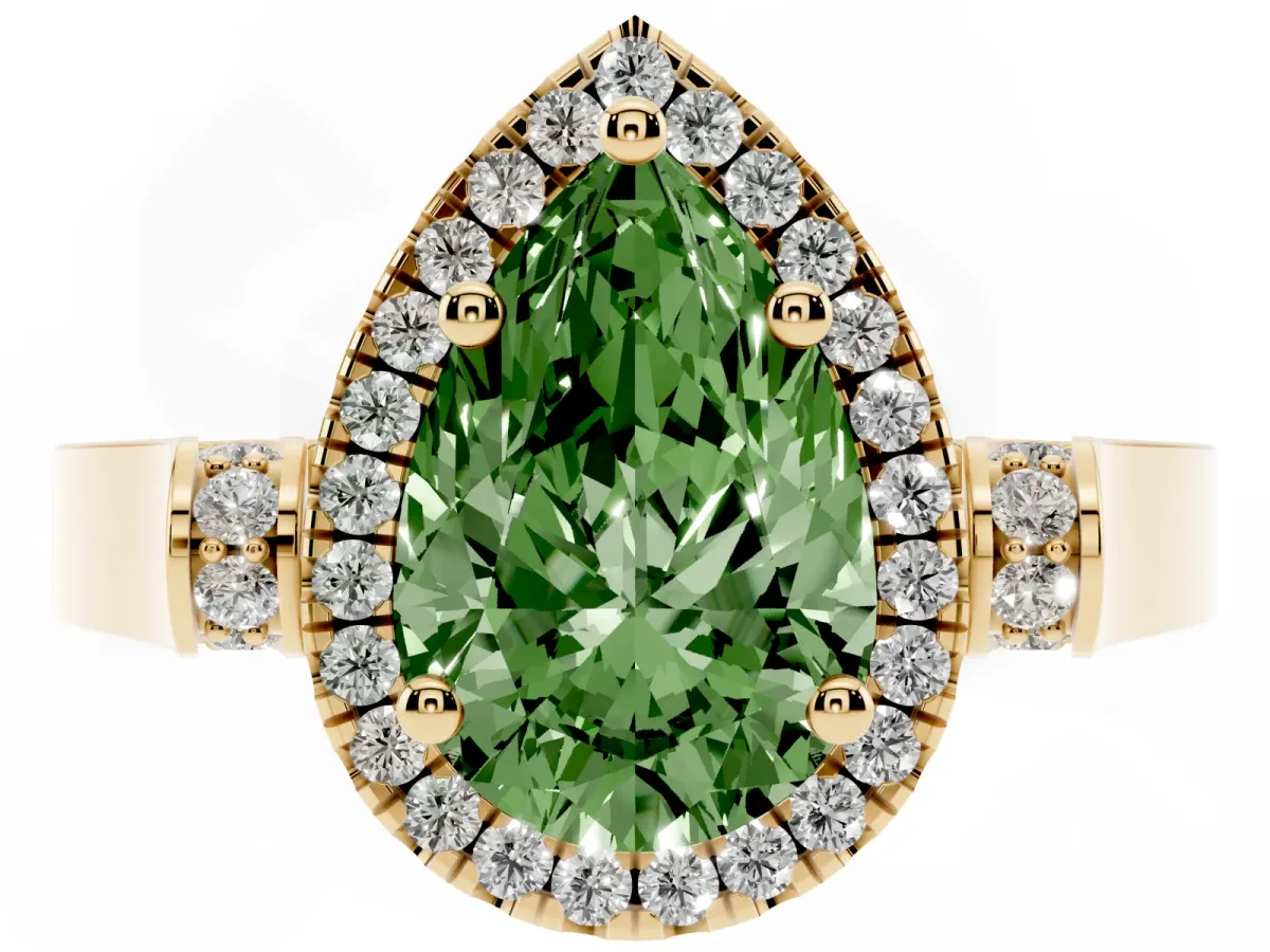 Fancy Green Pear Cut Halo Pave Split Shank Prong Setting Ring Yellow gold