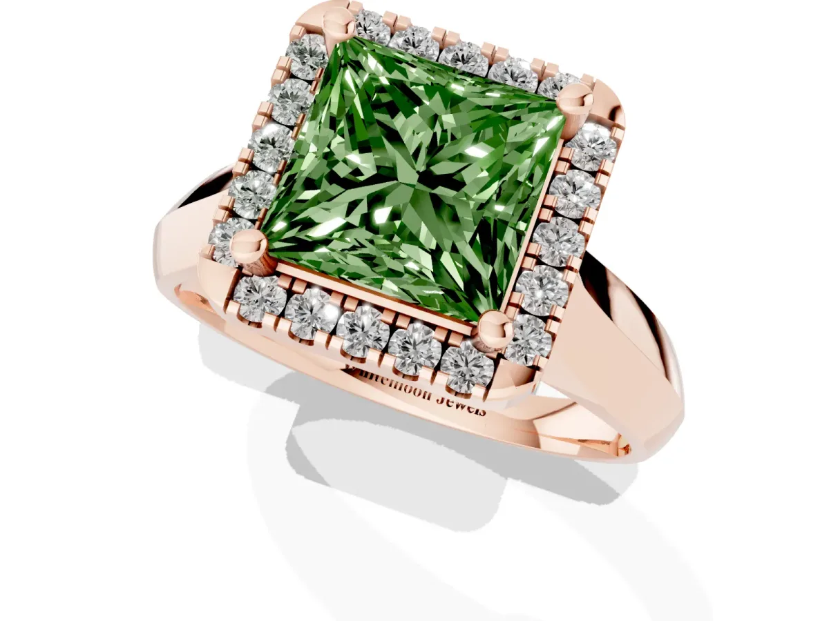 Fancy Green Princess Cut Cut Halo Solitaire Engagement Ring with Square Band and Four-Prong Setting Rose gold