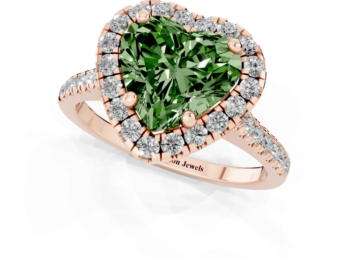 Fancy Green Heart Cut Diamond Cushion Halo Ring with Pavé Band Rose gold