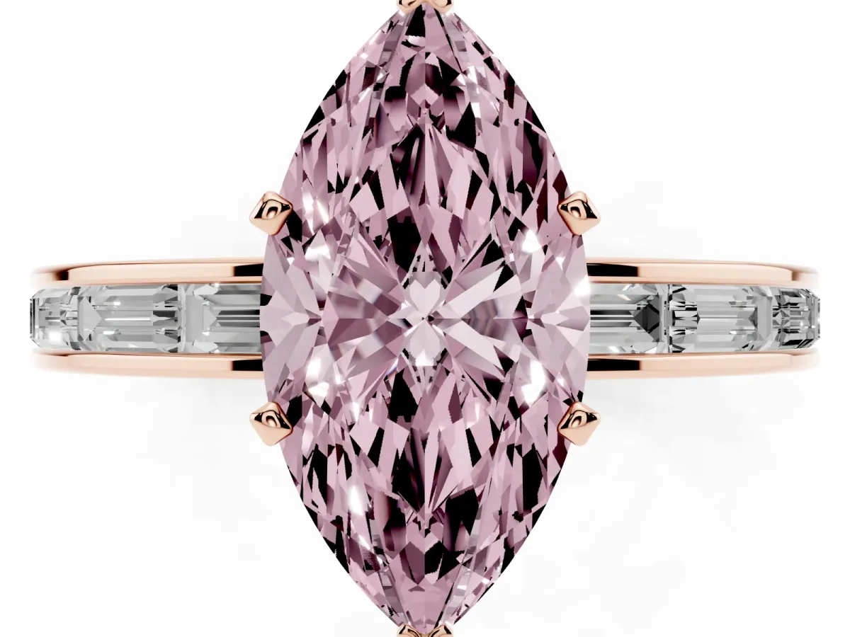 Fancy Pink Marquise Cut Solitaire Diamond Ring with Channel-Set Baguette Band and Four-Prong Setting Rose gold