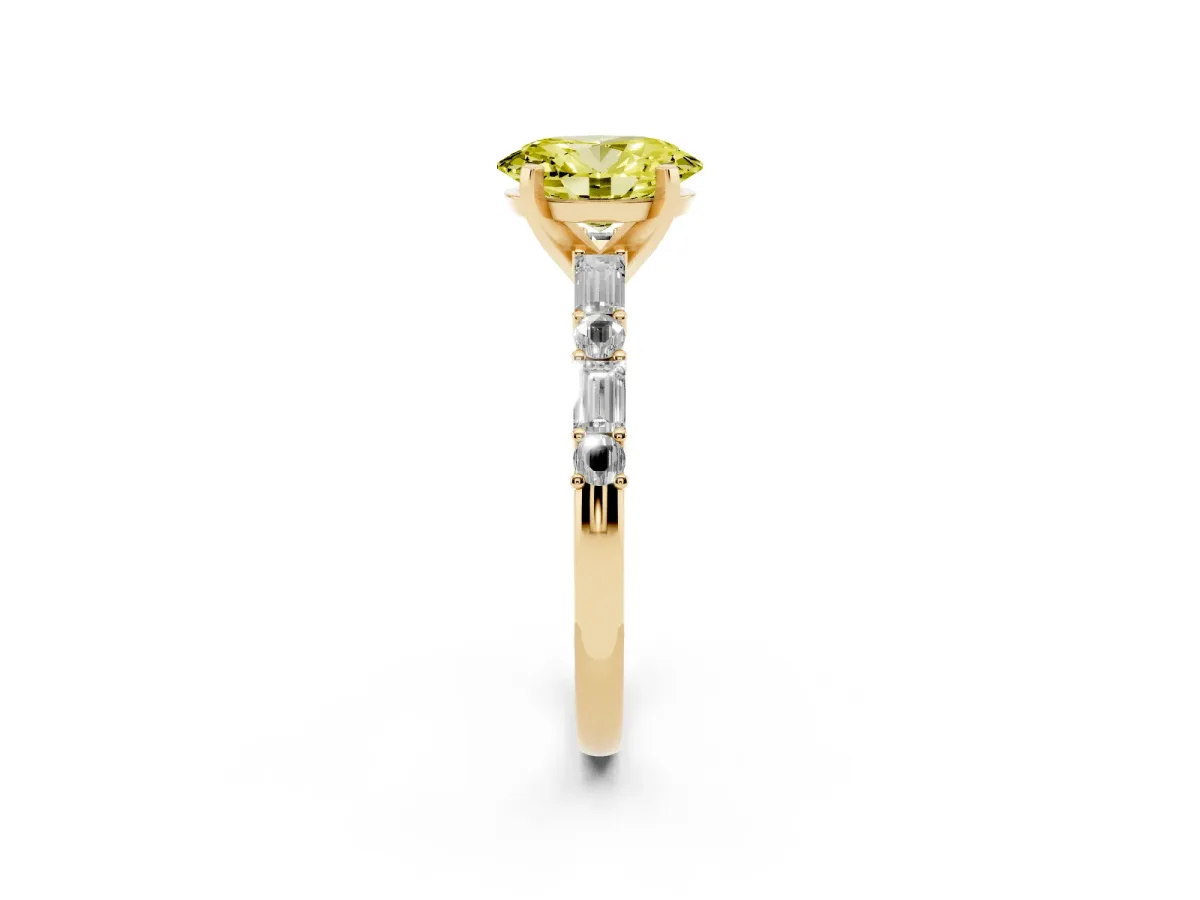 Fancy Yellow Oval Cut Diamond Solitaire with Side Baguettes and Channel Set Band Yellow gold