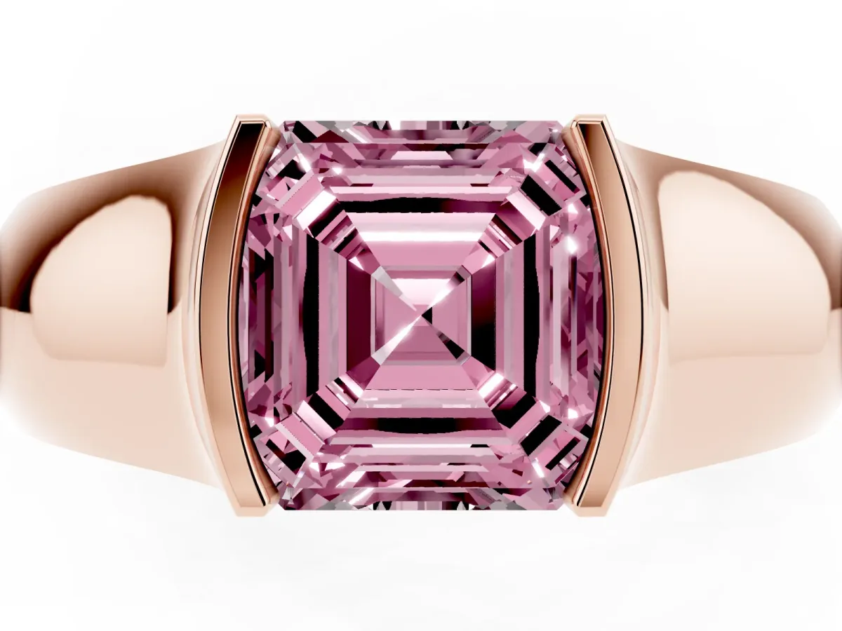 Fancy Pink Asscher Cut Solitaire Bezel Set Diamond Ring with Wide Band Rose gold