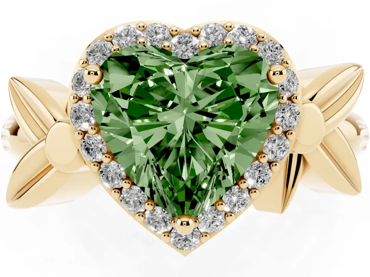 Fancy Green Heart Cut Halo Diamond Floral Band with Four-Prong Setting Yellow gold