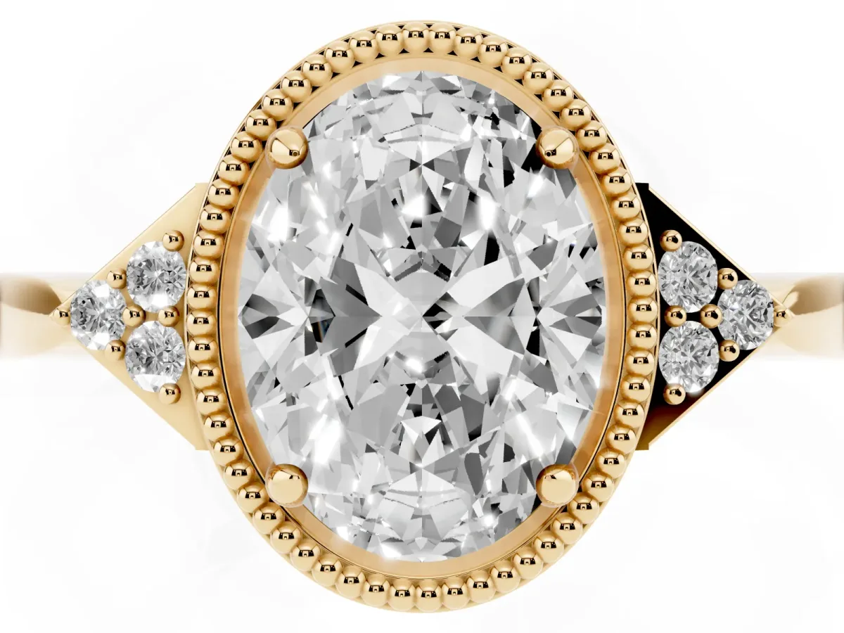 Oval Cut Diamond Halo Ring with Tapered Band and Four-Prong Setting Yellow gold